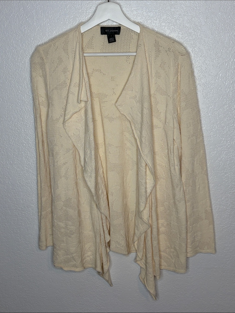St John Off White Santana Knit Floral Drape Front Cardigan Size Small Wool